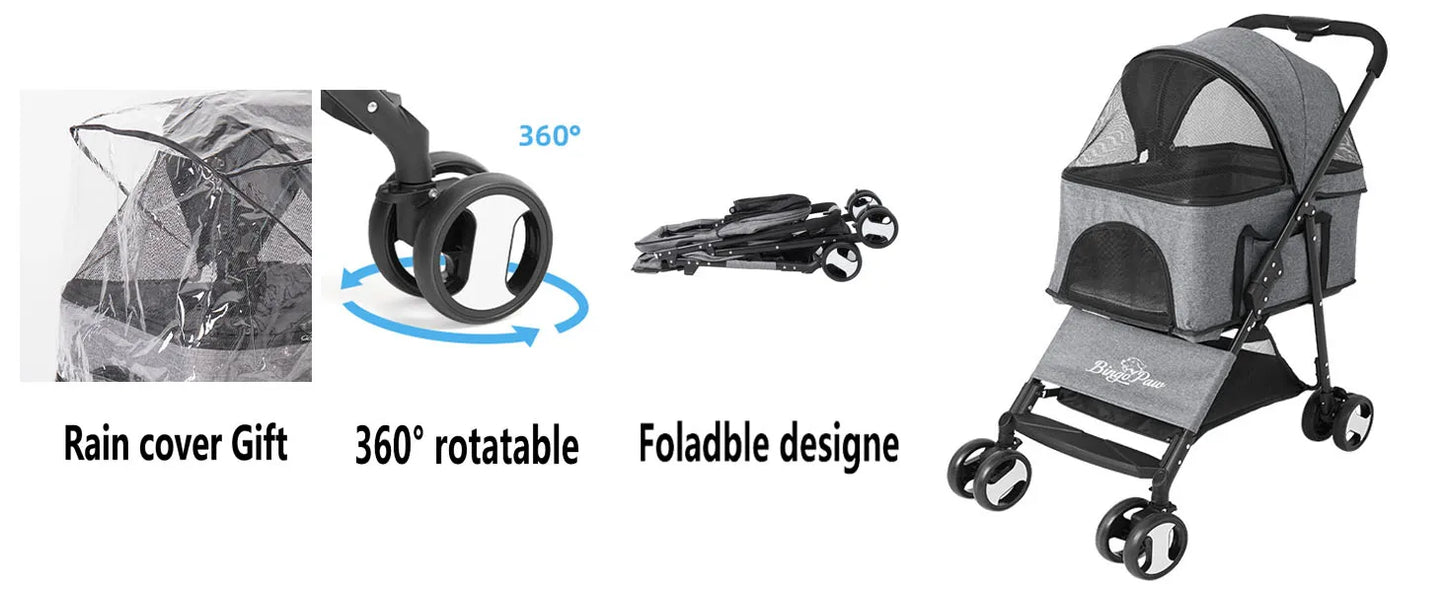 Pet Dog Stroller- Foldable Travel Carrier- Jogger Dog Pram with 4 Wheels and Rain Cover-Pet Strollers