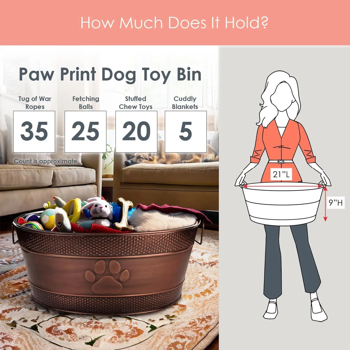 Durable Metal Dog Toy Storage Bin with Handles- Rust-Resistant Copper Basket for Pet Toys-(25-Quart)-Dog Toys