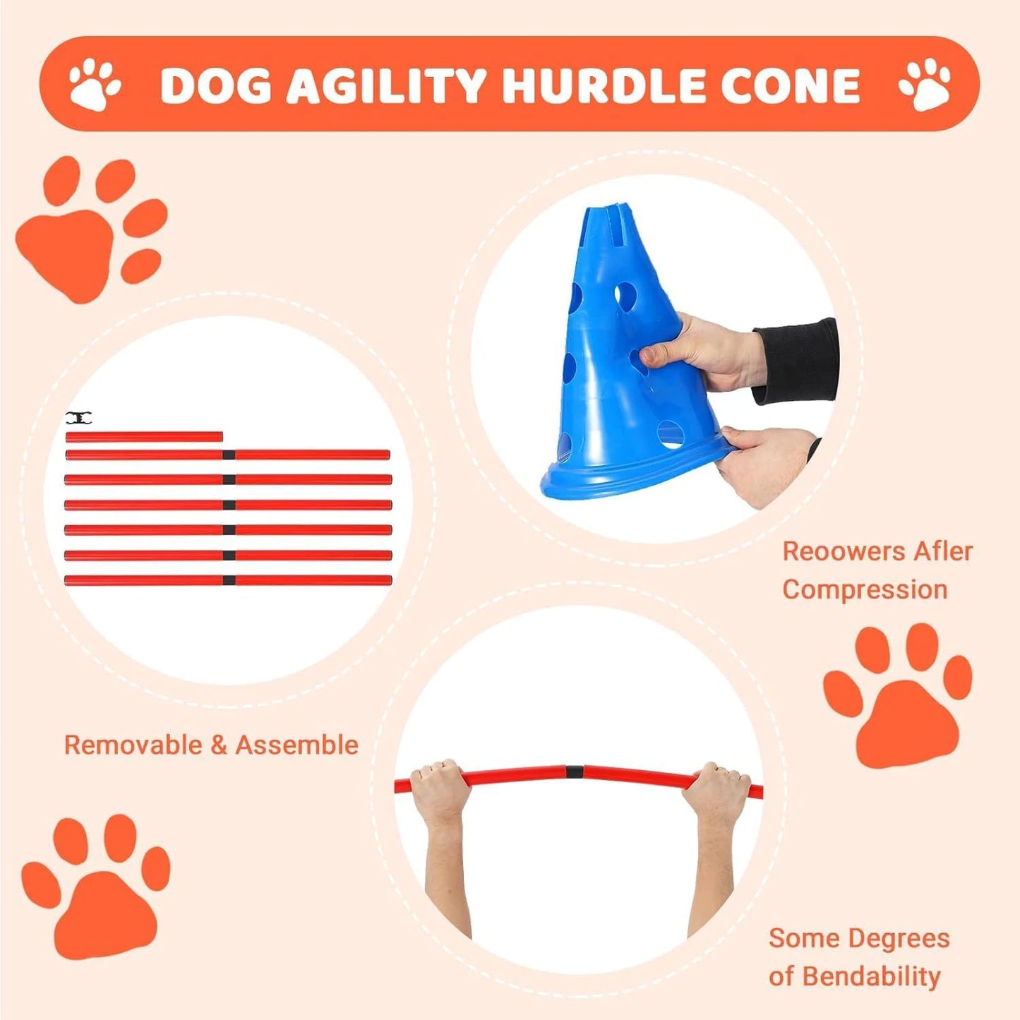 Dog Agility Hurdle Cone Set -Dog Agility Course Set with 12 Cones 6 Rods Dog Agile Training Equipment for Outdoor Backyard-Training