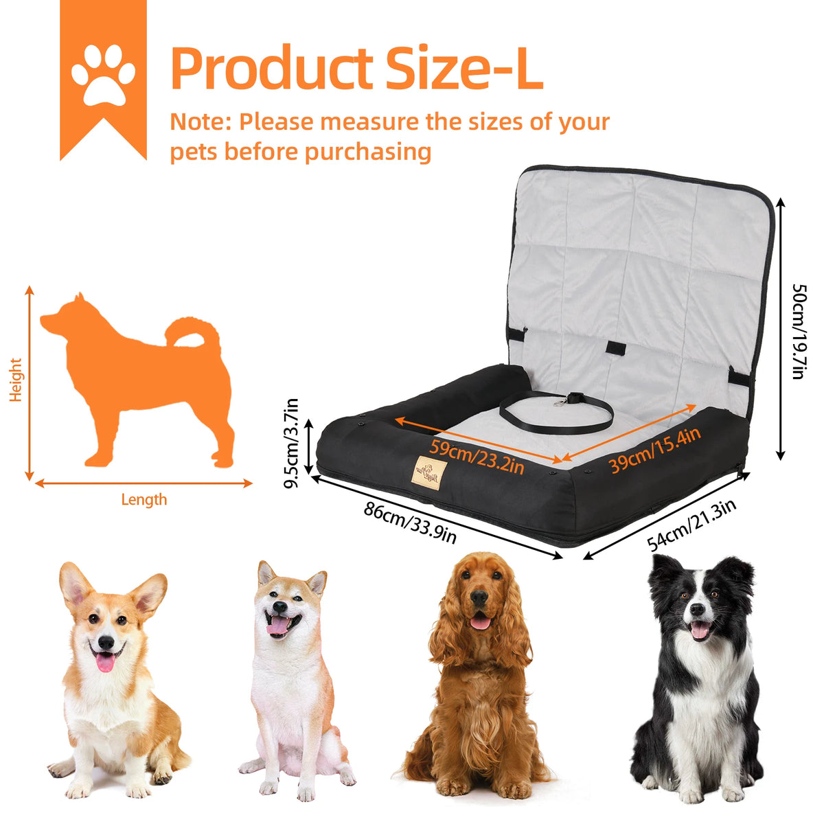 Dog Car Seat Bed-Waterproof Pet Cushion Bed - Dog Carrier with Removable Pad Cover/Safety Belt- Sizes