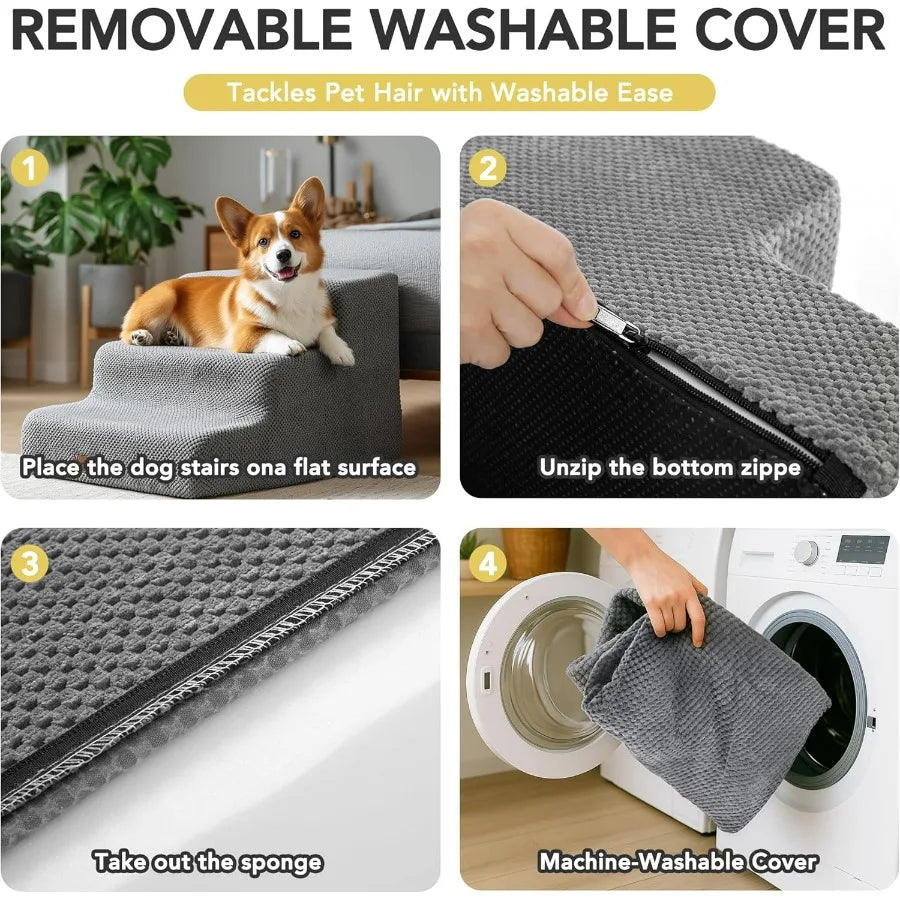 Pet Stairs for Small Elderly Dogs- 3-Step Dog Ramp- Non-Slip Surface- Soft Washable Cover- Portable