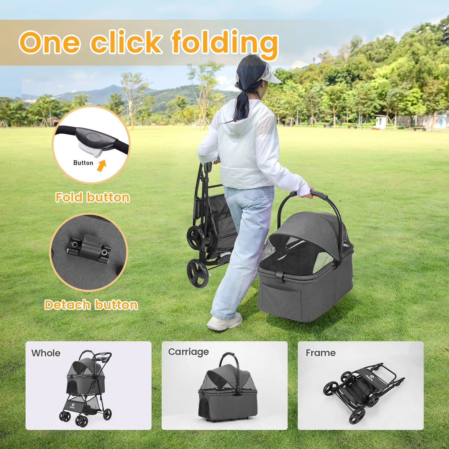 Luxury Detachable Pet Stroller- Light- Cup Holder Design Four-wheeled Universal Wheel Dog Cart- Outdoor Travel Carrying Bag