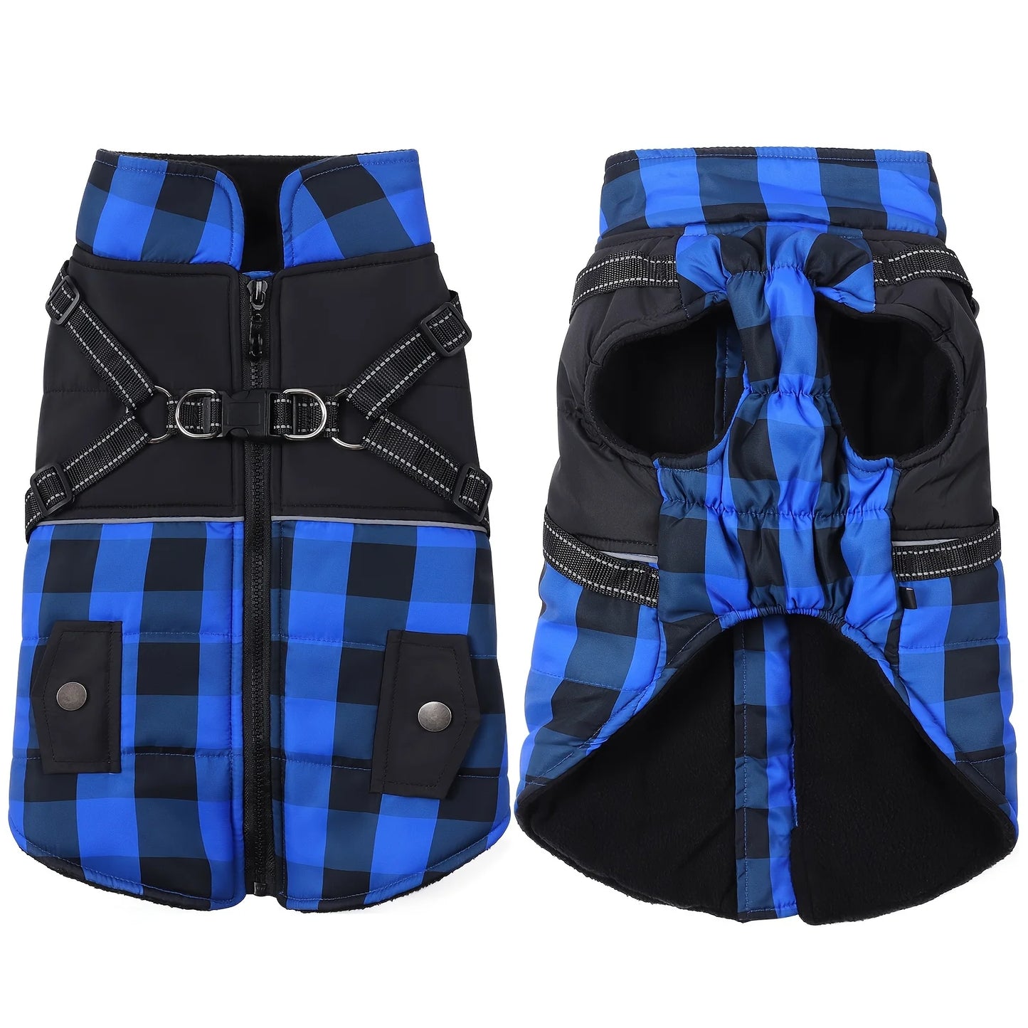 Plaid Thicken Padded Pet Dog Jacket With Harness For Cold Weather -Windproof Winter Dog Jacket Coat- For Small Medium Large Dog