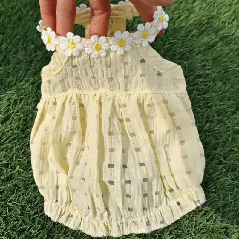 Breathable Pet Small Daisey Dress-thin Summer Dresses- Green/Yellow