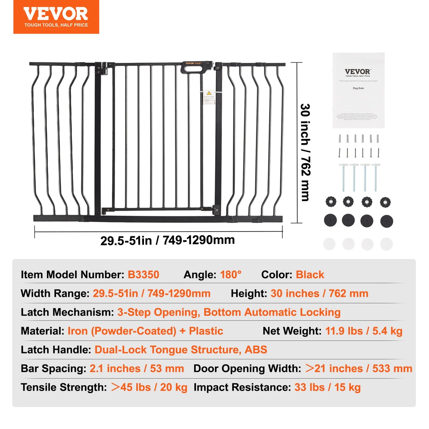 VEVOR Gate 28/30/36 Inches High -Dog Gate Easy Step- Walk Thru Child Pet Security- Pressure Mount Kit- Wall Cups Doorways-Pet Stairs