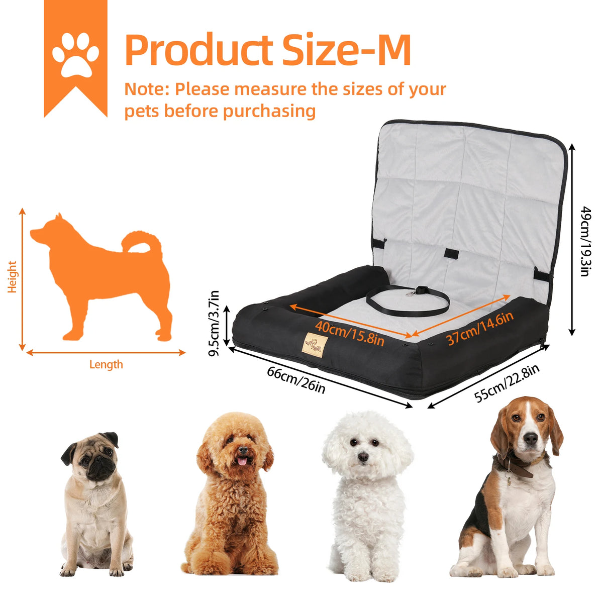 Dog Car Seat Bed-Waterproof Pet Cushion Bed - Dog Carrier with Removable Pad Cover/Safety Belt- Sizes