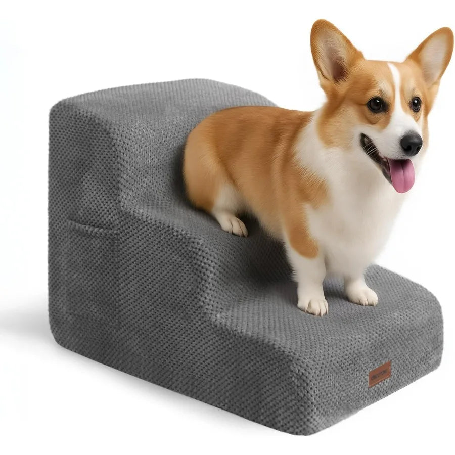 Pet Stairs for Small Elderly Dogs- 3-Step Dog Ramp- Non-Slip Surface- Soft Washable Cover- Portable
