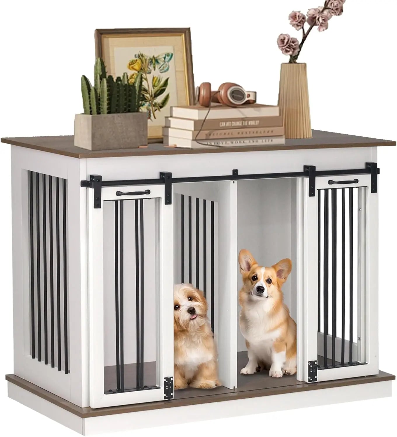 Dog Crate Furniture with Divider- Dog Crate for Small to Large Dogs- Large Indoor Dog Kennel Furniture with Double Doors-3 Drawers