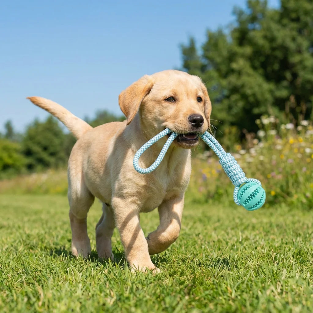 Cotton Rope & Rubber Dog Chew Ball- Treat Dispenser Toy-18x13cm- Durable- for Boredom/Teething-Dog Toys