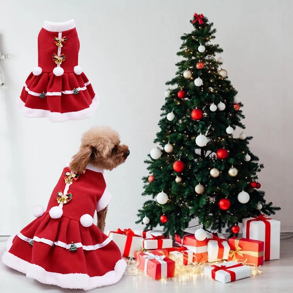 Christmas Girl Dog Costume Dress -Puppy Warm Fleece Skirt- Clothes Autumn Winter Pet Clothes -Dog Red Skirt Fancy Dress Costume
