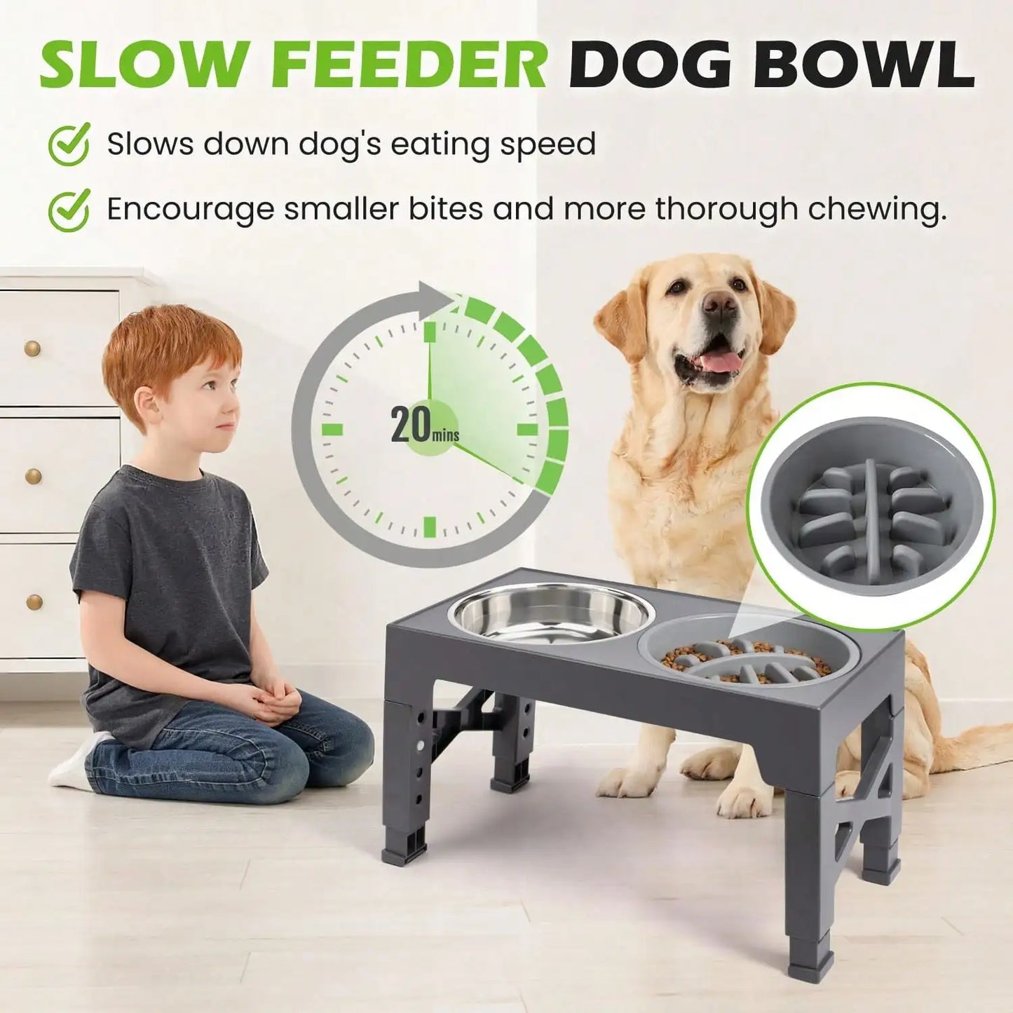 5-Height Adjustable Raised Dog Bowl Set - Includes 2 Stainless Steel Bowls- + 1 Slow Feeder- Anti-Choke Design-Suitable For All Dog Breeds- Pet Bowls/Feeding