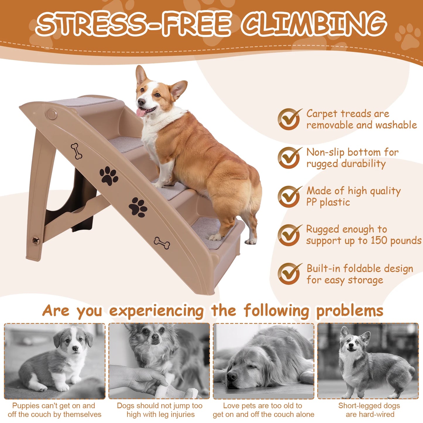 4-Step Pet Dog Stairs Folding Dog Steps- Nonslip Indoor  Dog Stairs Ramp- Sofa Ladder for Small Pet Dogs