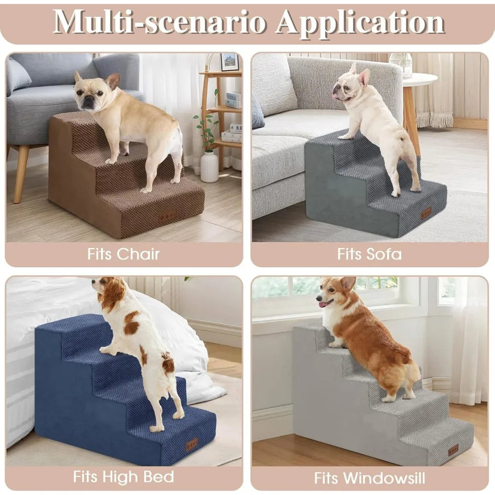 5-Step Dog Stairs for Small Dogs- Pet Stairs for Sofa Couch Dog Ramp with Removable Washable Cover- Beige- 22" H