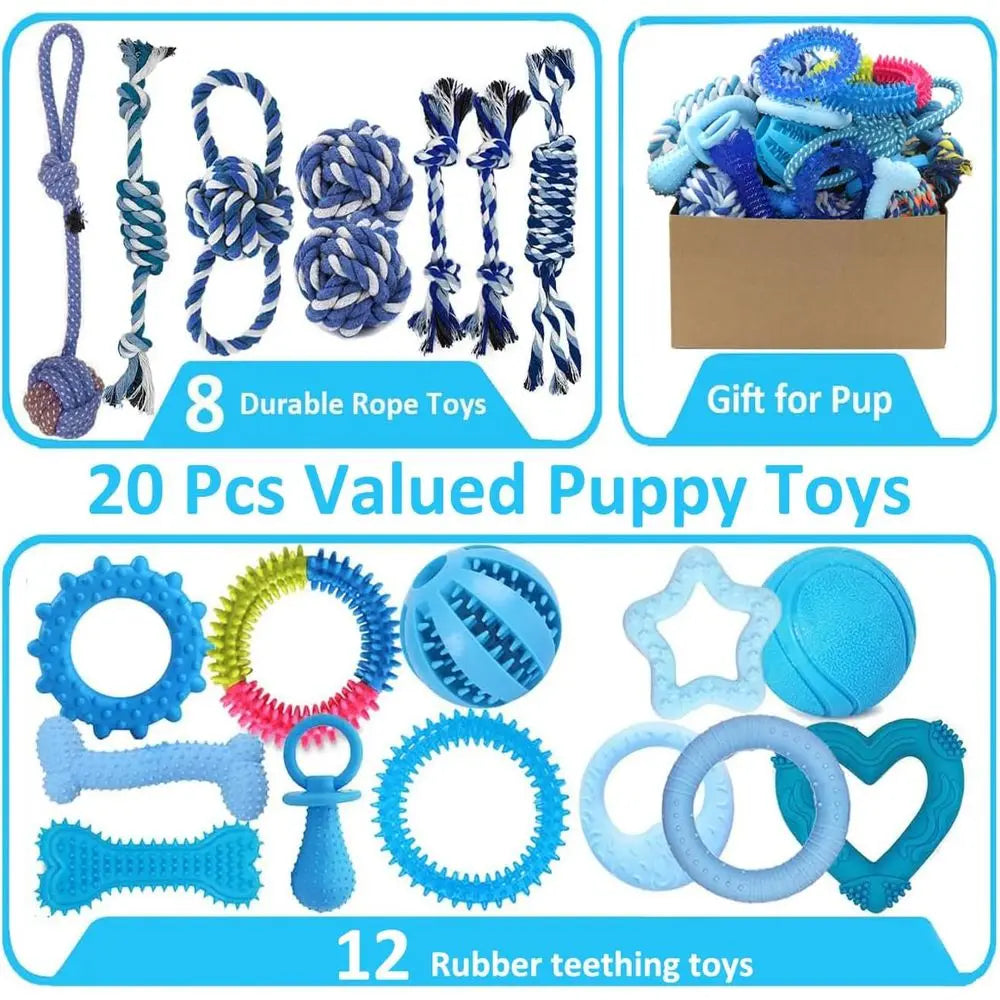 Cute 20 Pack Puppy Chew Toys - Blue Dog Teething Toys- Teething Rings/Ropes-Rubber Toy Bundle for Small Dogs-Dog Toys