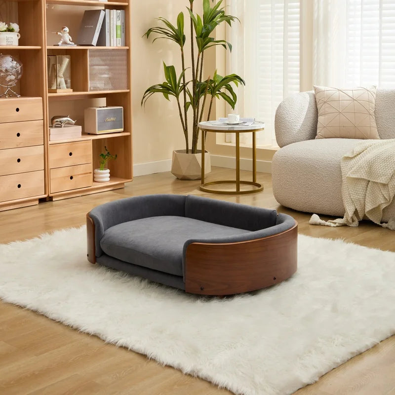Elevated Dog Bed with Solid Wood Legs and Walnut Bent Wood Back- Velvet Upholstery- Washable-Large Size-Bed & Blankets
