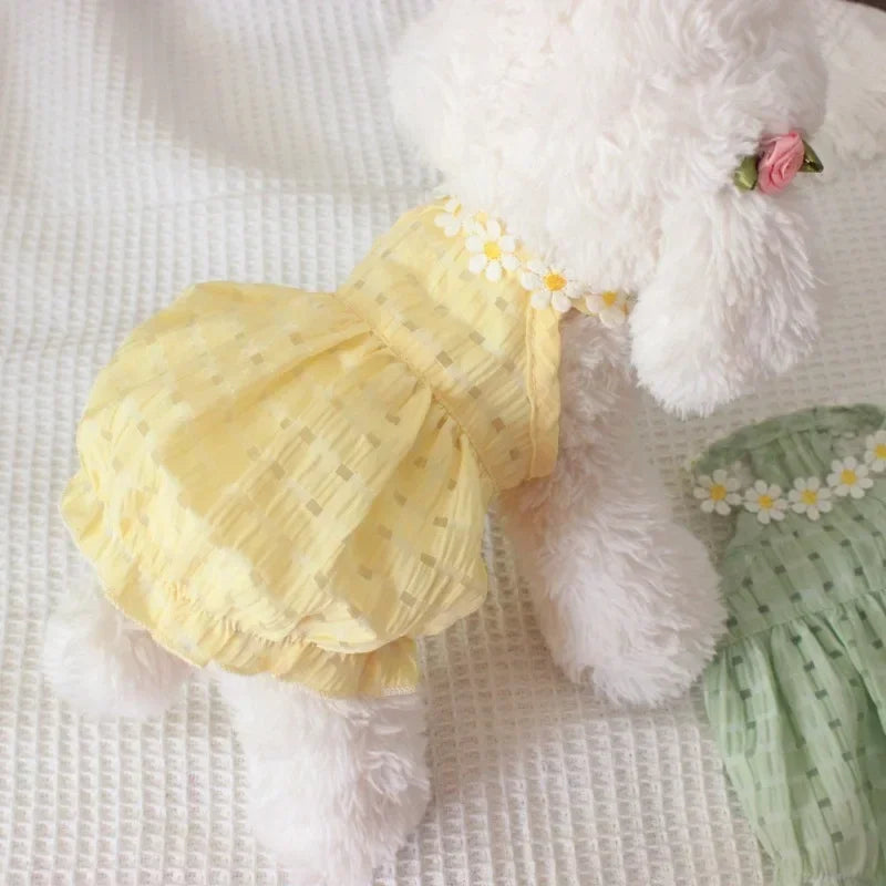 Breathable Pet Small Daisey Dress-thin Summer Dresses- Green/Yellow