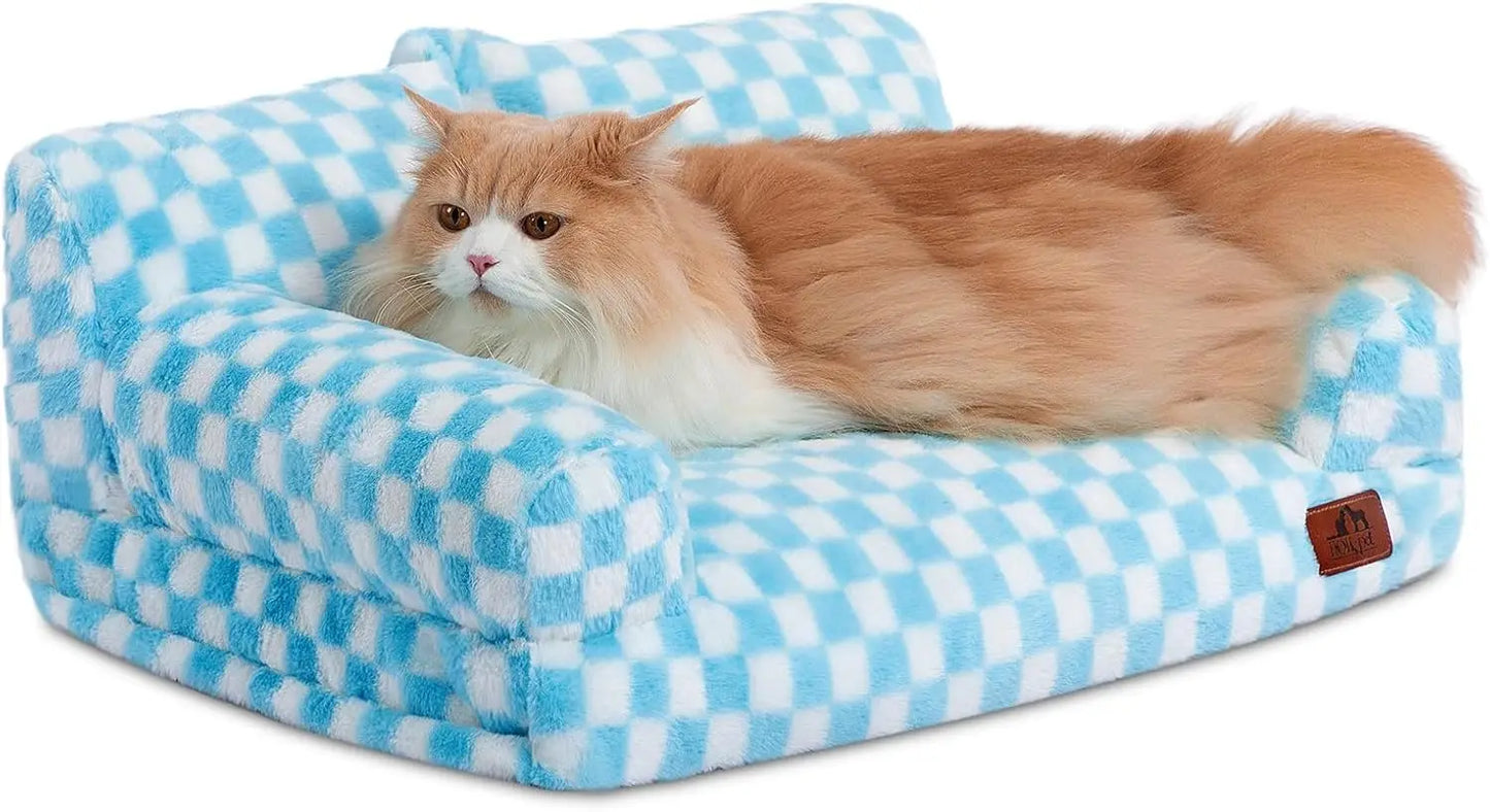 Fluffy Plush Pet Couch Bed- Soft Calming Sofa for Medium/Small Pets- Gray-Bed & Blankets