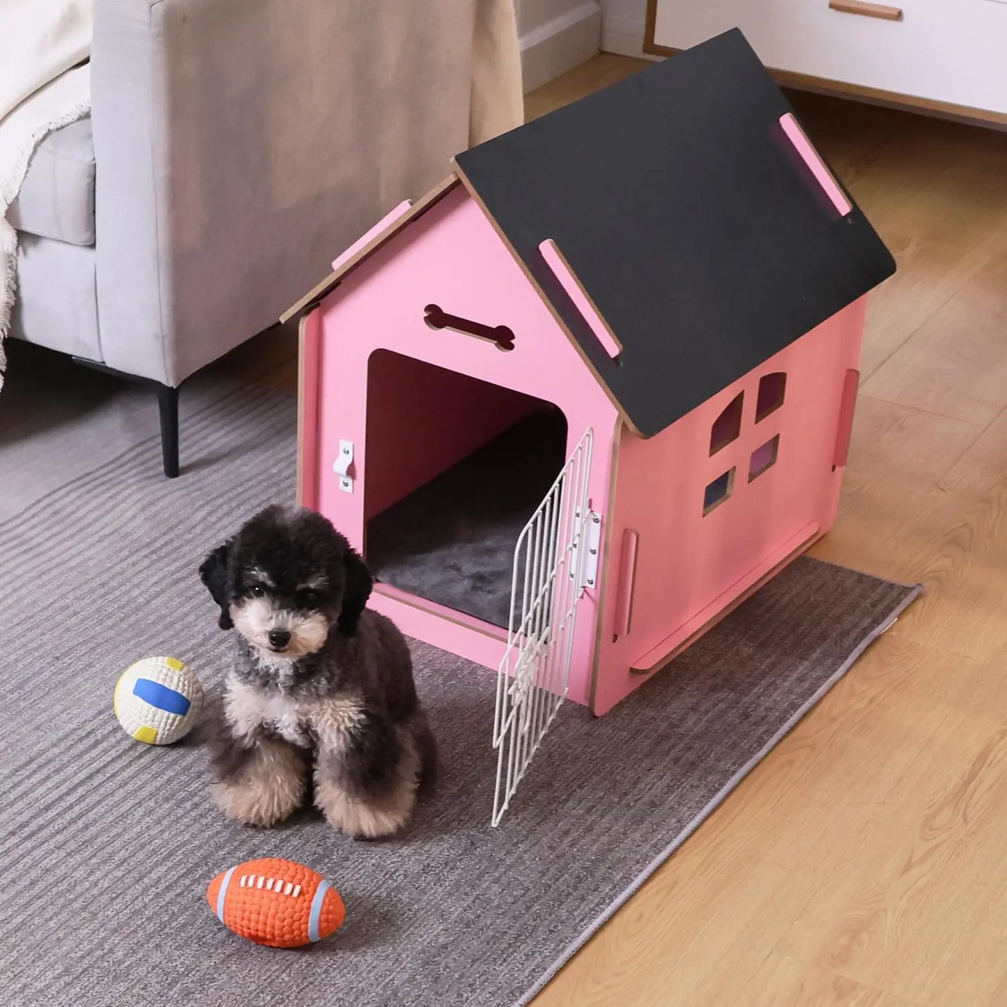 Cozy Wooden Pink Indoor Dog House Crate for Small Dogs with Air Vents and Elevated Floor-Crates