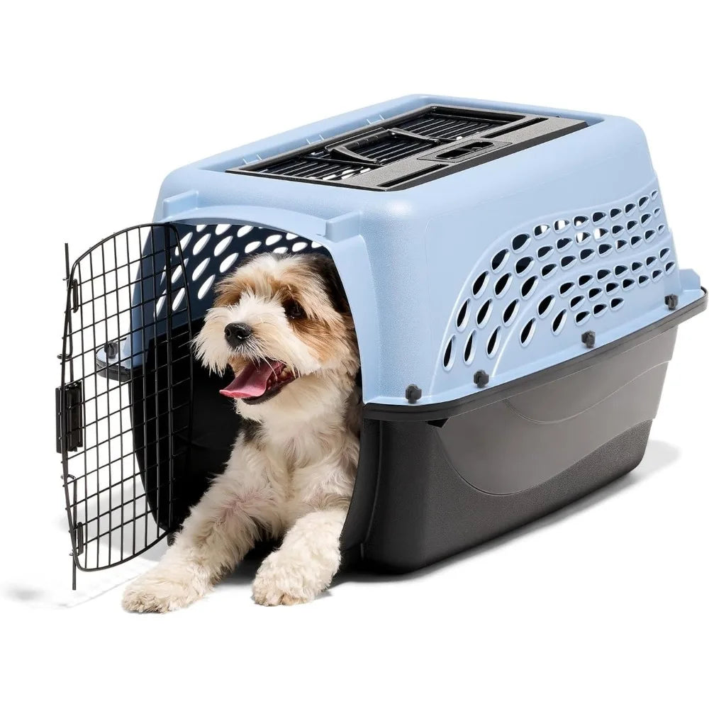 Two-Door Plastic Pet Kennel for Small Dogs-Top/Front Loading-24-Inch Blue Carrier with Airline Approval-Crates