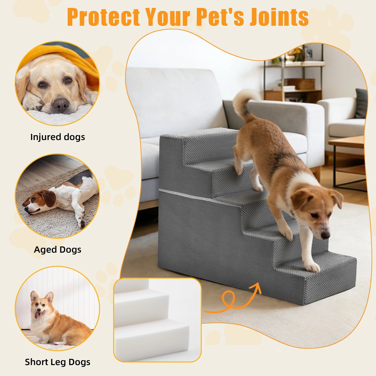 3-5 Step Right Angled Foam Dog Stairs-For Small Dogs Climbing Ladder- Indoor- Non-Slip-Pet Stairs