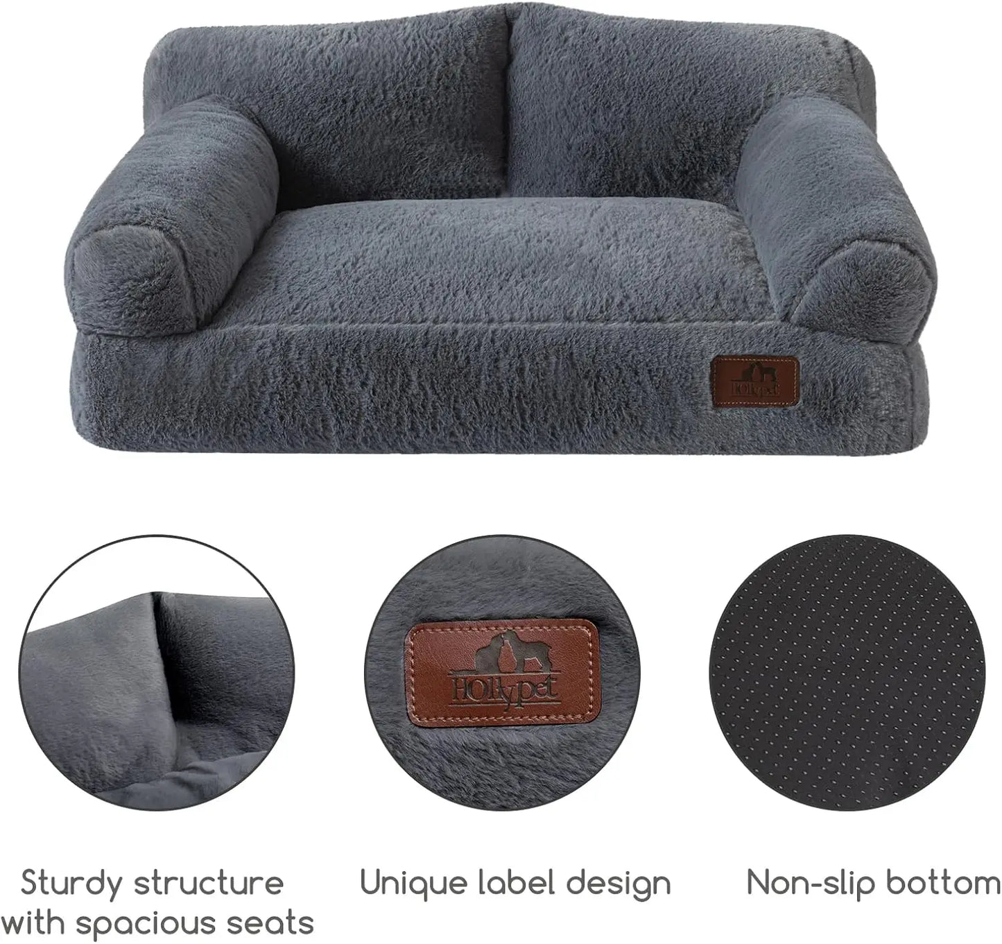 Fluffy Plush Pet Couch Bed- Soft Calming Sofa for Medium/Small Pets- Gray-Bed & Blankets