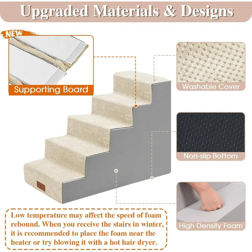5-Step Dog Stairs for Small Dogs- Pet Stairs for Sofa Couch Dog Ramp with Removable Washable Cover- Beige- 22" H