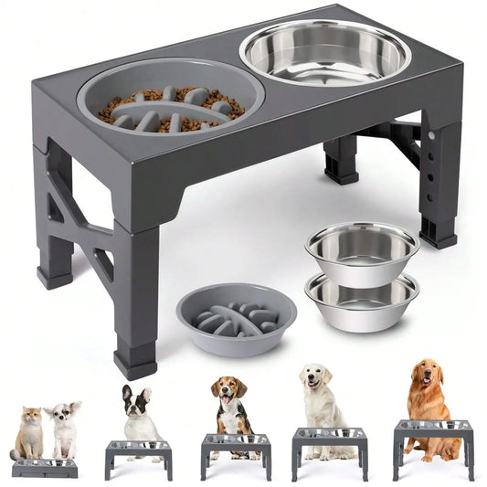 5-Height Adjustable Raised Dog Bowl Set - Includes 2 Stainless Steel Bowls- + 1 Slow Feeder- Anti-Choke Design-Suitable For All Dog Breeds- Pet Bowls/Feeding
