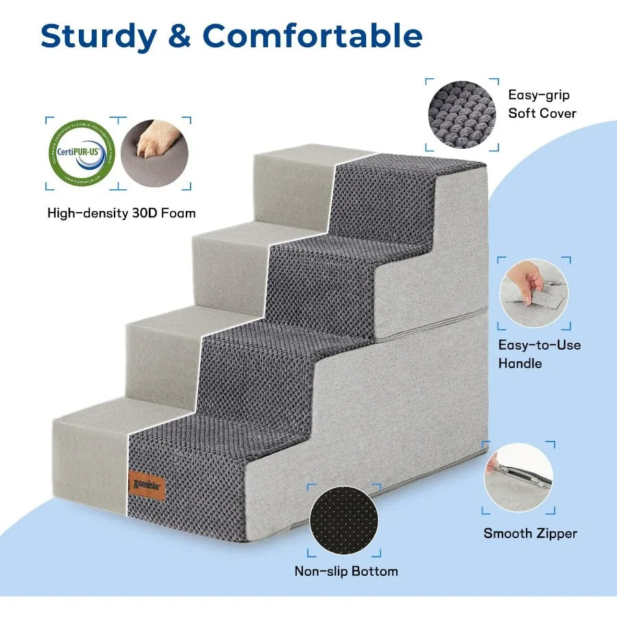 Dog Stairs for Small Dogs Pet Stairs- 2 in 1 with Zippers -Suitable for Couch and Bed -35D Foam Dog Steps with Non Slip Bottom