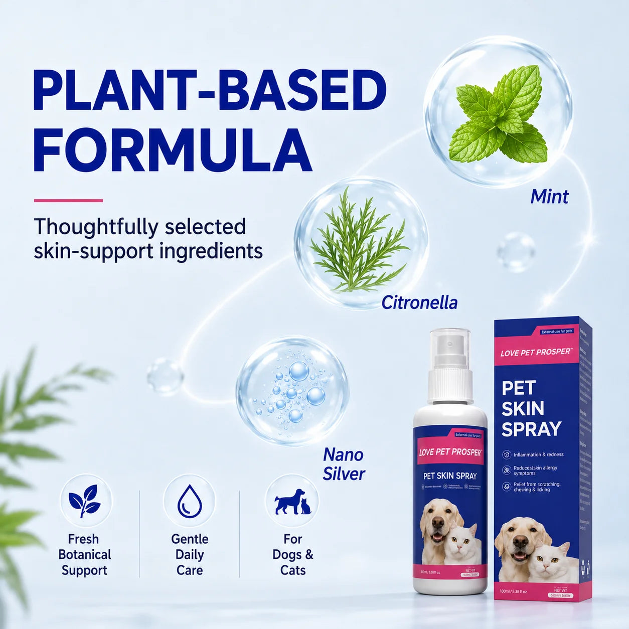 Skin Support Itch Spray to Comfort Dogs -100 mL Dog at Itch Relief Spray-Gentle Plant-Based Skin Support with Mint, Citronella/ Nano Silver for Redness, Scratching/ Licking-Pet Supplements