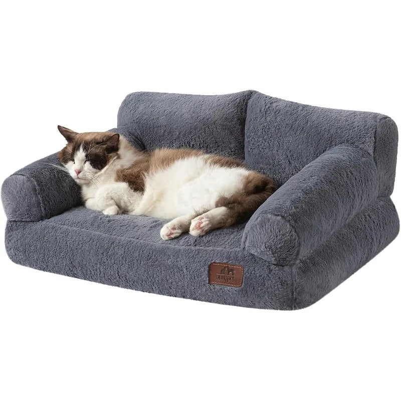 Fluffy Plush Pet Couch Bed- Soft Calming Sofa for Medium/Small Pets- Gray-Bed & Blankets