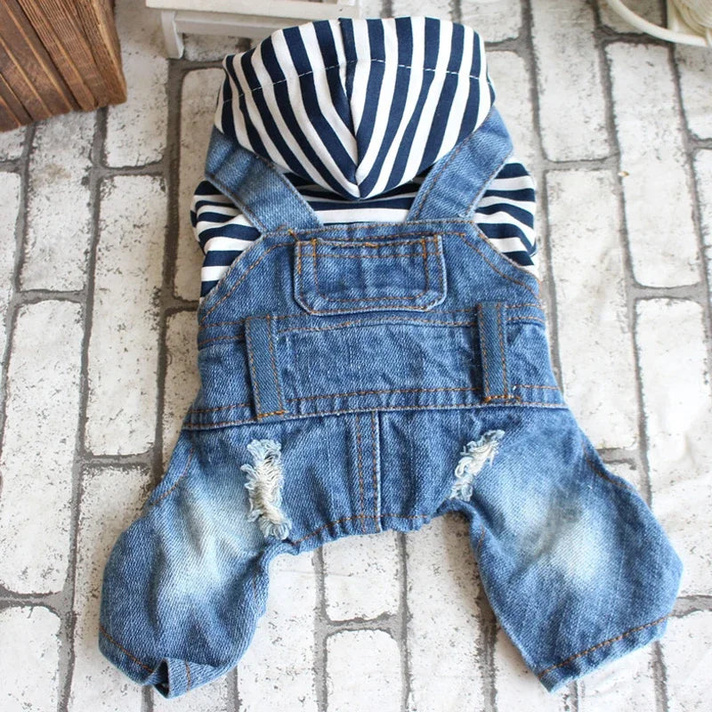Pet Denim Jumpsuit- Dog Jeans Hoodies -Cool Blue Coat -Medium -Small Dogs Classic Jacket Blue Vintage- Washed -Vests