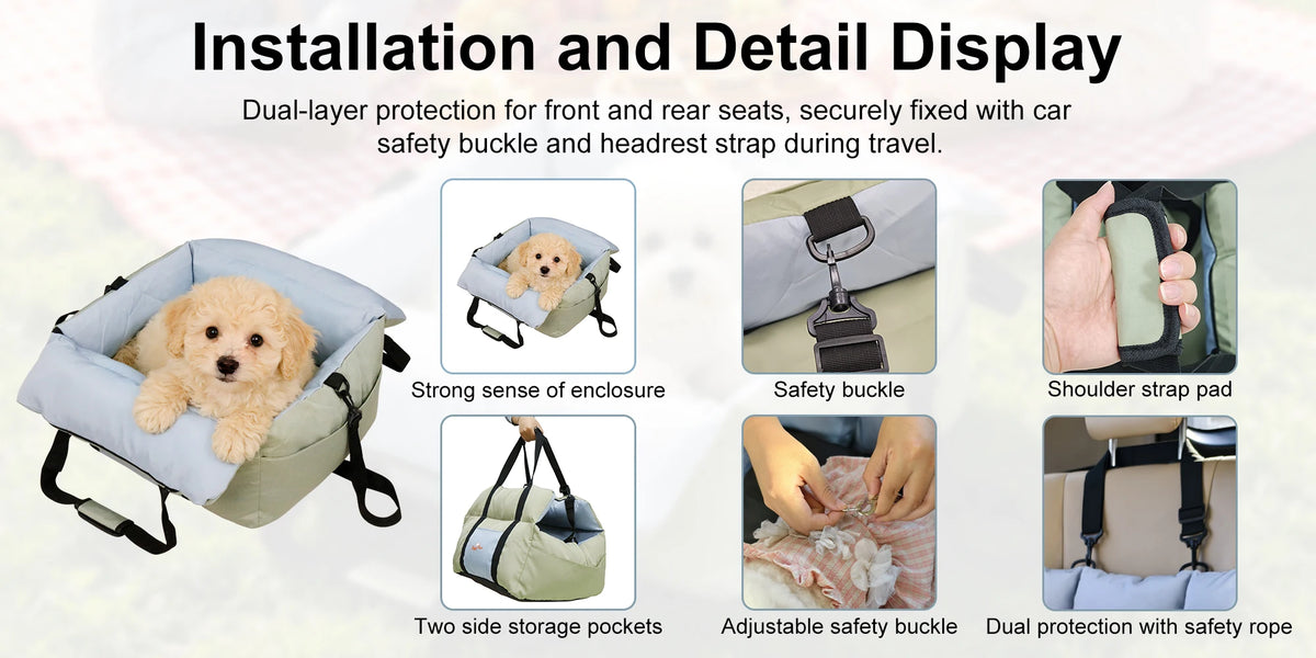 Portable Dog Car Seat-Booster Seat-Travel Carrier- Bed with Safety Belt- Storage Pocket- Removable/Washable Cover-Beds & Blankets