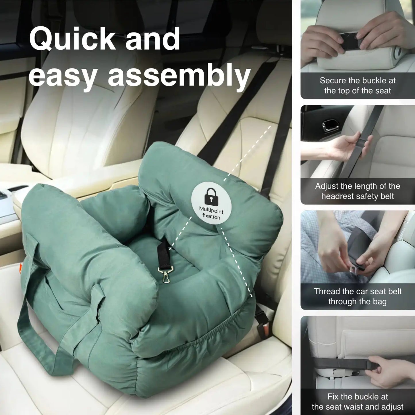 2-in-1 Dog Car Seat/ Carrier Bag - Detachable with Handles and Safety Belt- Travel Dog Booster Seat for Small Medium Dogs Cats