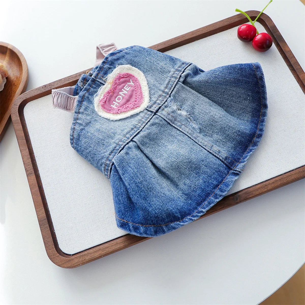 Denim Dress -Floral Print Dog Dress- Adorable Bowknot -Pet Clothes for Pomeranian- Shih- Tzu- Maltese- French Bulldog, etc.