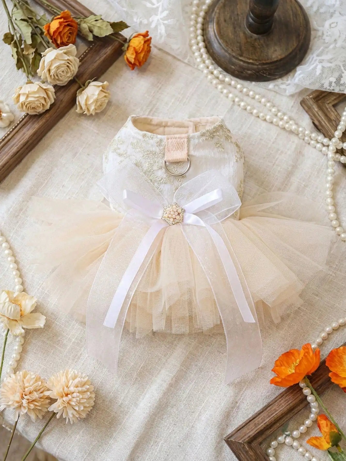 Beautiful 1Pc Luxury Pet Princess Wedding Dress- Thin Spring Summer Outfit- Gold Floral Embroidery- Pearl Bow Decor- Built-in D-ring For Traction-Sizes XS-XL-Costume/Apparel