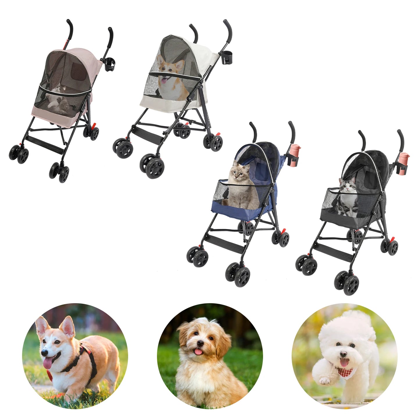Oxford Cloth Pet Travel Stroller-Foldable- for Small & Medium-sized Pets Within 10kg/22 Pounds-Pet Strollers