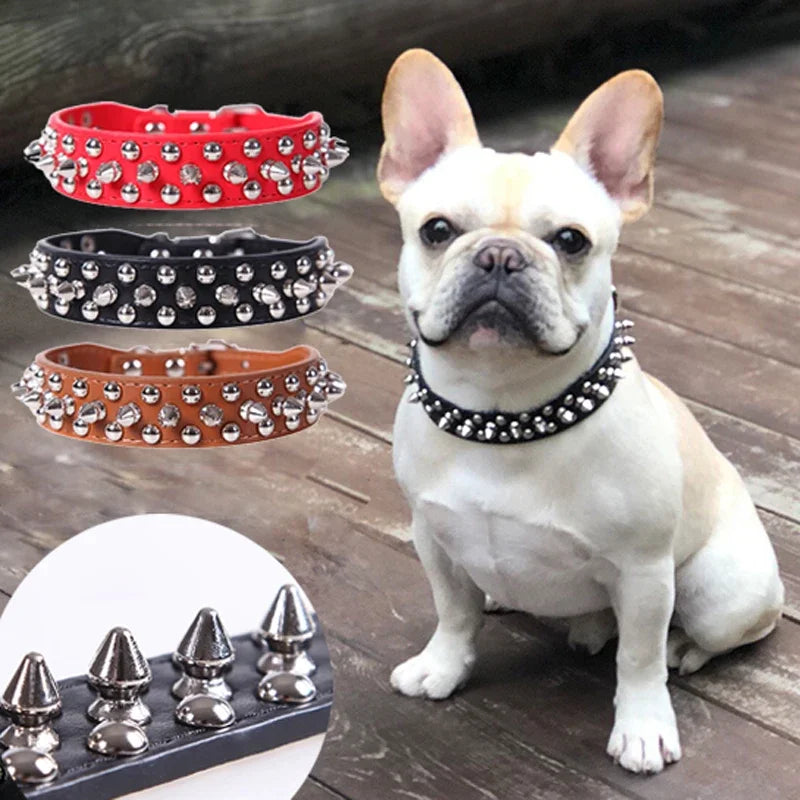 Adjustable Spiked Leather Dog Collar- PU Leather Punk Rivet Spiked Dog Collar for XXS to XL Dogs-Collars/Leashes