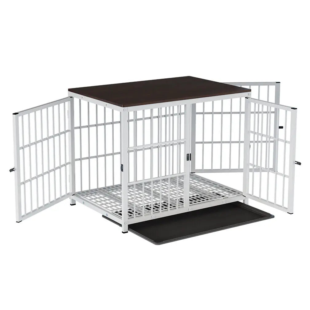 Wooden Dog Crate Furniture w/Metal Frame- Indoor Dog Kennel End Table- Stylish-3 Doors- Removable Tray-Crates