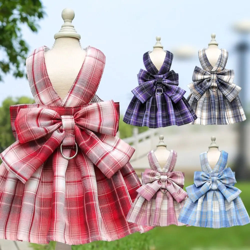 Dog Plaid JK Dress-Reusable with Leash Traction-Thin Dacron- Harness Skirt- Adjustable -Washable-Costumes/Apparel