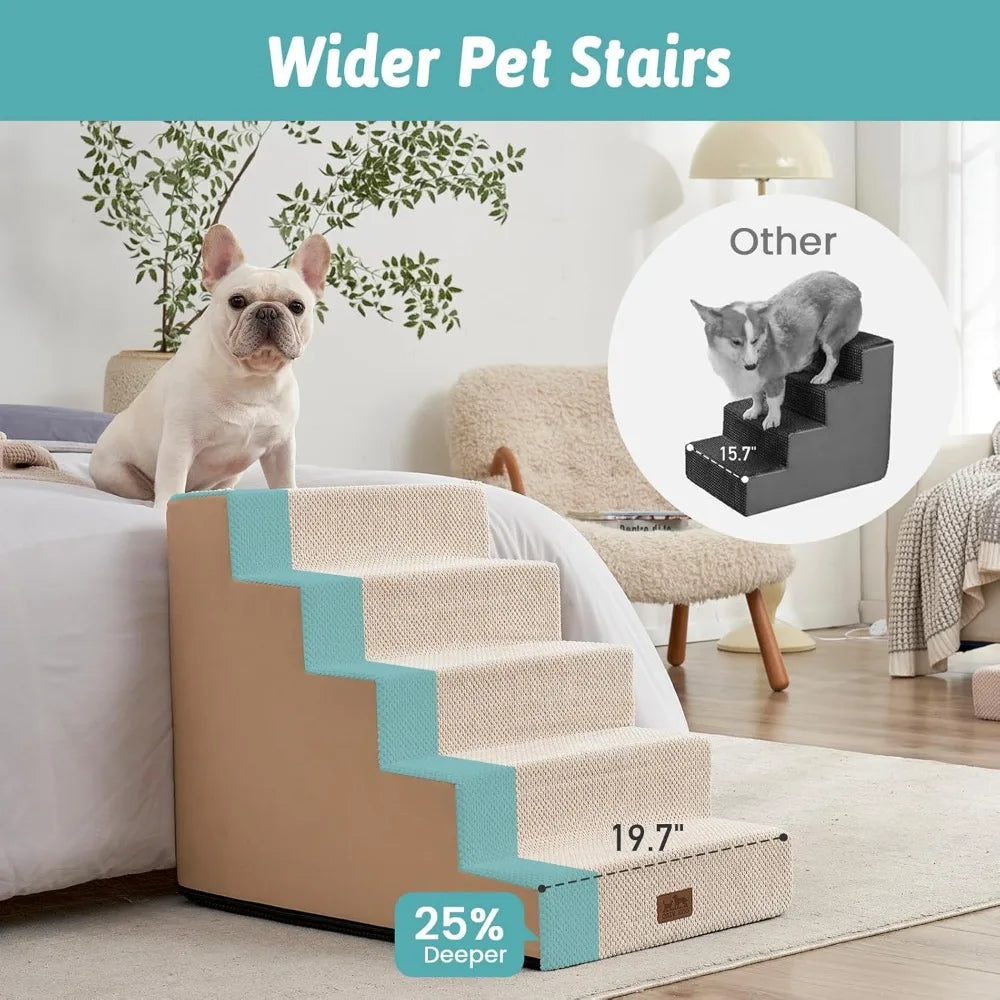 Dog Stairs for Small Dogs, 5 Tier Wider Pet Stairs for High Places, 23.6" H- Non-Slip Dog Steps for Old Cats, Puppies, Small Medium