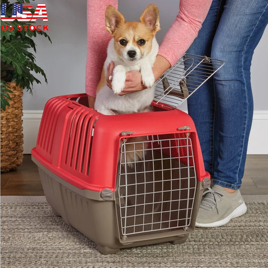 Small Portable Pet Carrier- Small Dog Cat Travel Case- Hard Sided- Easy Assembly- Durable Plastic with Metal Door-Red