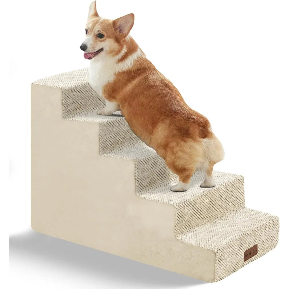 5-Step Dog Stairs for Small Dogs- Pet Stairs for Sofa Couch Dog Ramp with Removable Washable Cover- Beige- 22" H