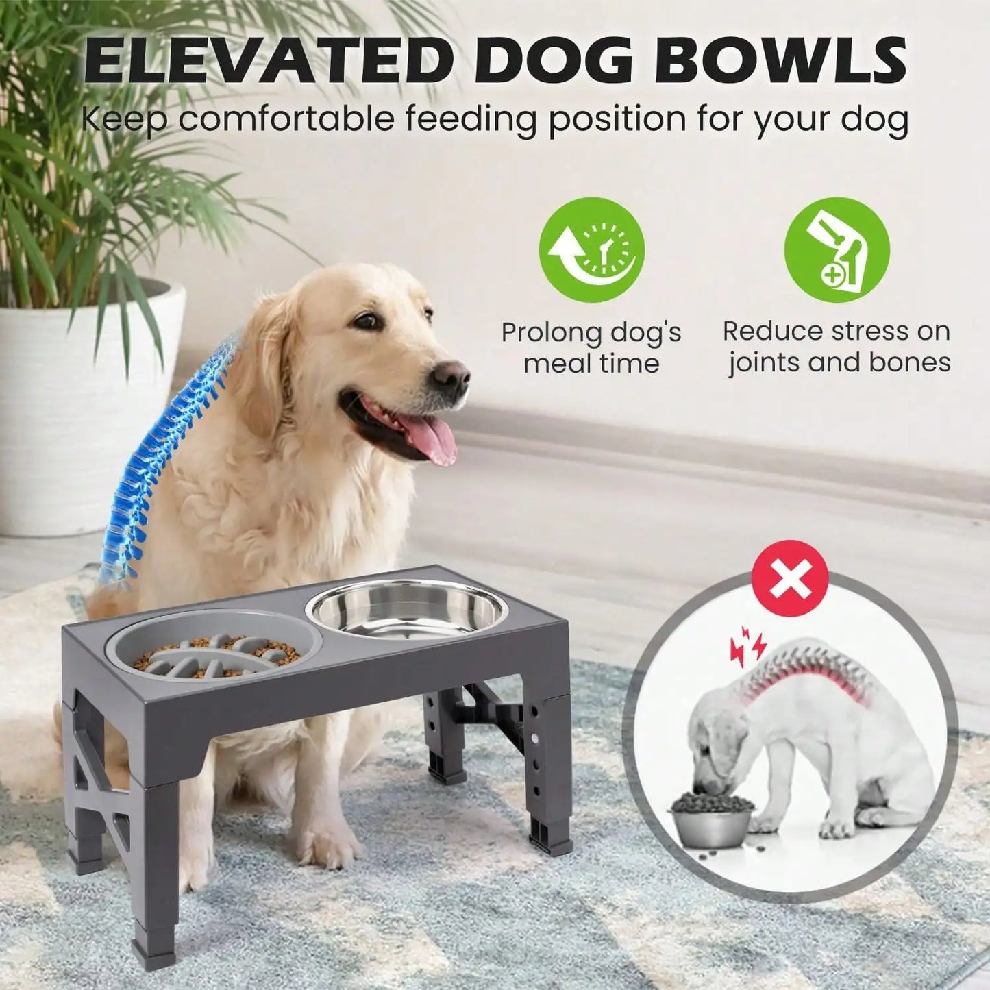 5-Height Adjustable Raised Dog Bowl Set - Includes 2 Stainless Steel Bowls- + 1 Slow Feeder- Anti-Choke Design-Suitable For All Dog Breeds- Pet Bowls/Feeding