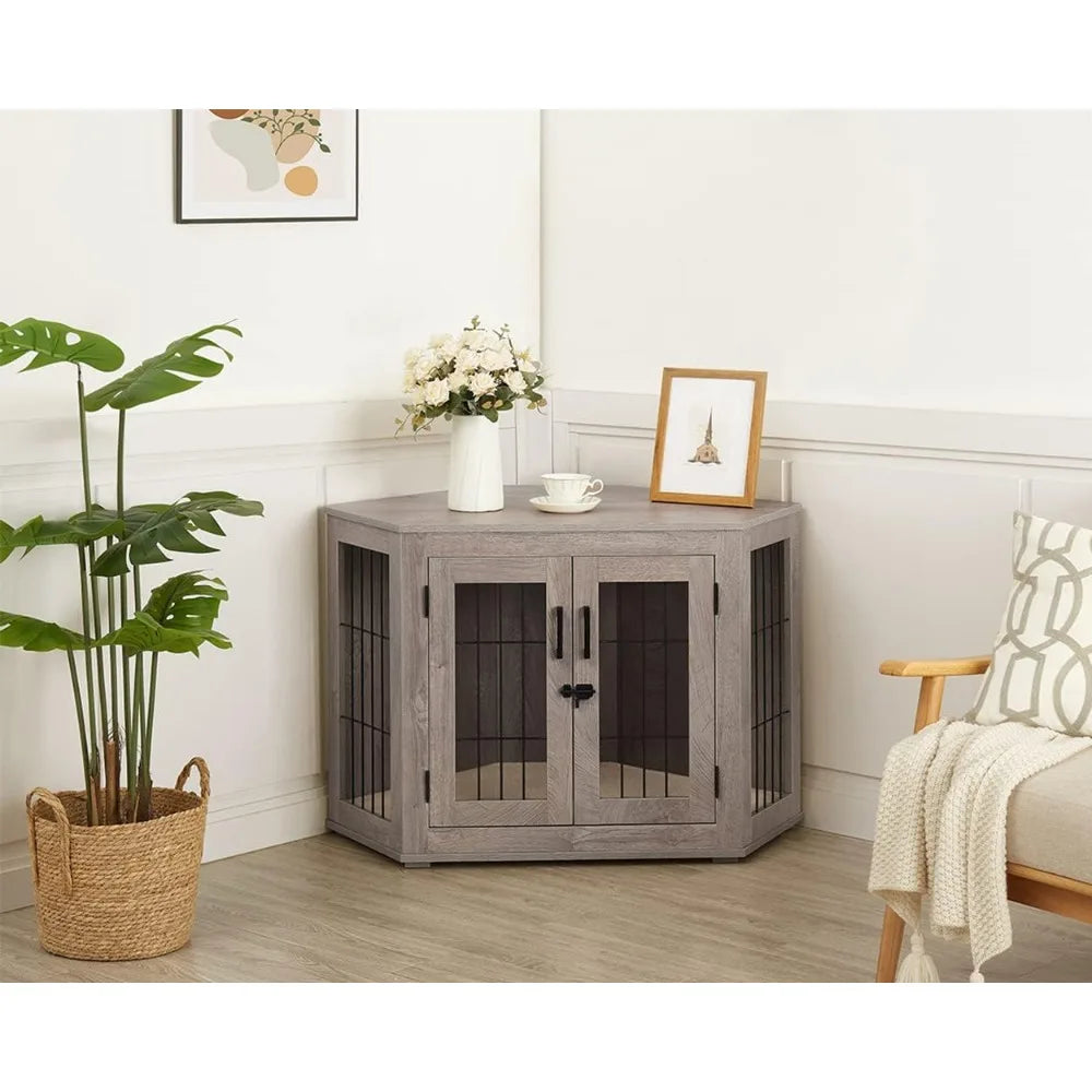 Furniture Corner Dog Crate- Wooden End Table with Cushion- Indoor Pet Crate- Side Table for Small Medium Dogs