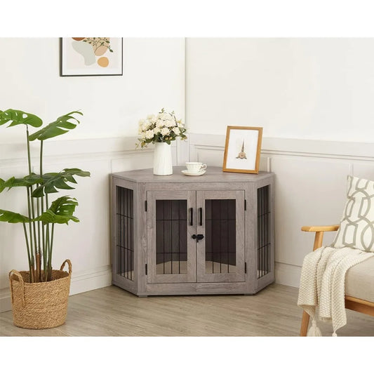 Furniture Corner Dog Crate- Wooden End Table with Cushion- Indoor Pet Crate- Side Table for Small Medium Dogs