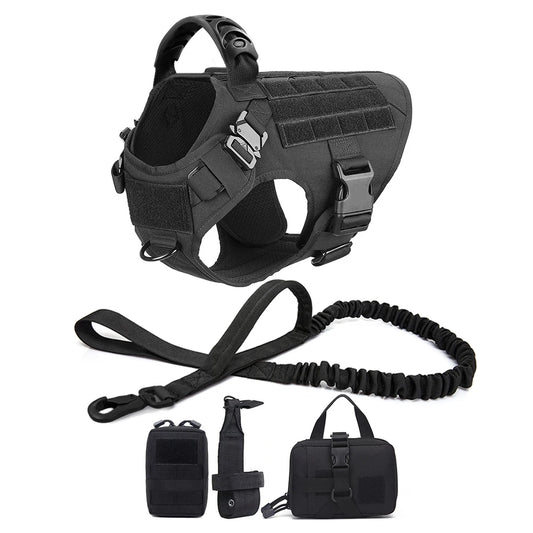 Military Dog Harness Leash Bags Set- Pet Tactical Vest Harnesses- Walking Training Hunting For Large Dogs German Shepherd