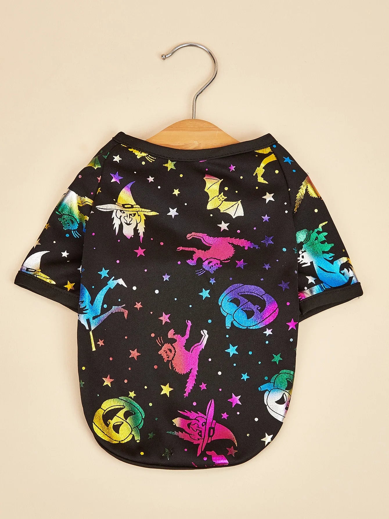 Halloween Dog T-Shirt-Black Short Sleeve with Colorful Glittery Bats, Pumpkins & Stars Print Pet Clothes for Small Dogs