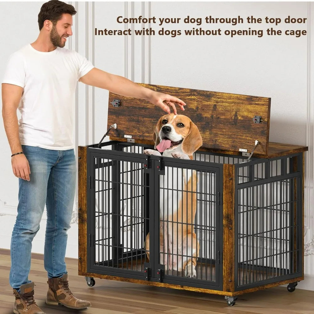Wooden Dog Crate Furniture-Small and Medium Dog Kennel- Indoor Furniture with Top-Access-2 Doors
