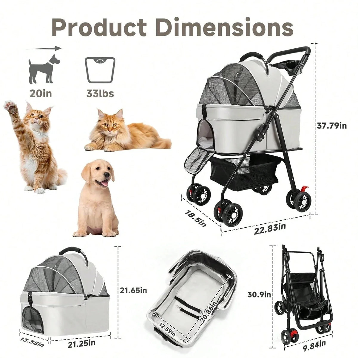 3-In-1 Pet Stroller Suitable For Small And Medium-Sized Dogs, Luxury Large Cat Stroller Detachable Carrier, Suitable For Puppies, Kittens, And Puppies
