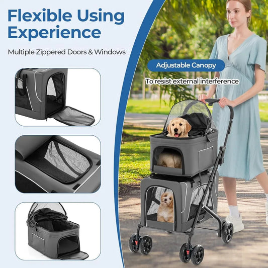 Double Dog Stroller for 2 Dogs- Detachable Carriers-Safety Belt- 4 Lockable Wheels-Pet Travel Carrier Stroller